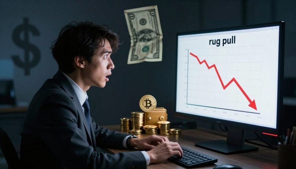 A visually striking interpretation of a "rug pull" in the cryptocurrency world. In the foreground, a person dressed in smart business attire looks shocked and dismayed as they stare at a computer monitor displaying a rapidly dropping graph, symbolizing the loss of funds. In the middle ground, stacks of digital coins and a wallet icon can be seen, representing crypto investments. The background features a dark, moody atmosphere illuminated by cold, harsh lighting, enhancing the feeling of deception. Shadows loom around a large, crumpled dollar bill symbolizing lost wealth. The overall mood conveys urgency and betrayal, emphasizing the dangers of scams and fraudulent schemes in the crypto landscape.