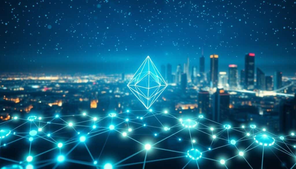 A visually striking representation of Layer 2 solutions in the realm of Ethereum gas fees optimization. In the foreground, showcase futuristic-looking, stylized blockchain nodes glowing softly with blue and green hues, interconnected by luminous lines symbolizing high-speed transactions. The middle layer features abstract representations of Layer 2 scaling solutions, such as rollups and state channels, depicted as intricate 3D structures, merging in a seamless flow. In the background, a digital city skyline under a night sky filled with stars, creating an atmosphere of innovation and progress. Use soft ambient lighting to evoke a sense of optimism, with a slight tilt-up angle that emphasizes the layers of technology coming together harmoniously. The mood should convey a sense of advancement and potential in the world of decentralized finance. A visually striking representation of Layer 2 solutions in the realm of Ethereum gas fees optimization. In the foreground, showcase futuristic-looking, stylized blockchain nodes glowing softly with blue and green hues, interconnected by luminous lines symbolizing high-speed transactions. The middle layer features abstract representations of Layer 2 scaling solutions, such as rollups and state channels, depicted as intricate 3D structures, merging in a seamless flow. In the background, a digital city skyline under a night sky filled with stars, creating an atmosphere of innovation and progress. Use soft ambient lighting to evoke a sense of optimism, with a slight tilt-up angle that emphasizes the layers of technology coming together harmoniously. The mood should convey a sense of advancement and potential in the world of decentralized finance.