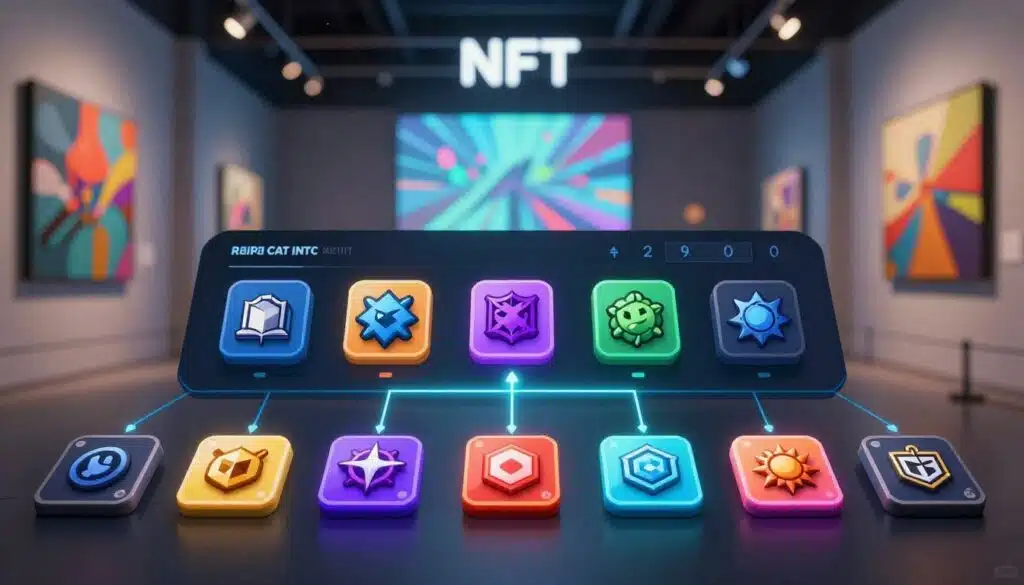 A visually striking representation of NFT rarity within a collection. In the foreground, showcase a vibrant digital art piece depicting various unique NFT tokens, each with distinct traits and attributes, such as different color palettes, patterns, and characteristics. The middle layer features a sleek, modern interface displaying a rarity ranking system, with glowing lines connecting each token to emphasize their rarity levels. In the background, a blurred virtual gallery space creates a sense of depth, filled with abstract art and glowing screens, illuminated by soft, dynamic lighting that casts subtle reflections. The overall atmosphere is vibrant and cutting-edge, conveying the excitement and innovation surrounding NFTs, with a focus on their unique rarity within the collection. Use a wide-angle lens effect to enhance the perspective.