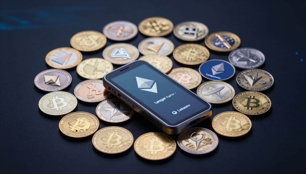 A visually striking representation of a Ledger Nano X surrounded by an array of supported cryptocurrency coins, including Bitcoin, Ethereum, and various altcoins, arranged in a circular fashion. In the foreground, the Ledger Nano X is prominently displayed with its sleek, modern design and illuminated screen, showcasing its user-friendly interface. The middle ground features the coins, each with distinct designs, glimmering in soft light to emphasize their value. The background should be a blurred gradient of deep blue and black, simulating a digital landscape, enhancing the tech-oriented atmosphere. The image should convey a sense of security and innovation, lit with subtle highlights to create depth and focus on the wallet and digital coins.