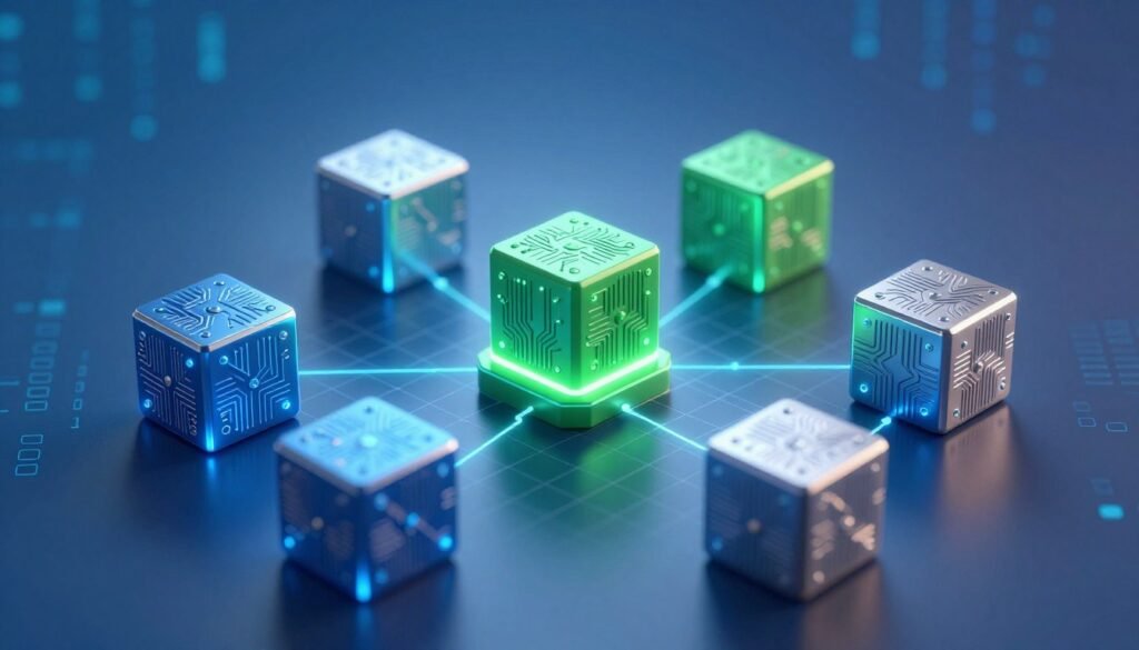 A visually striking representation of a blockchain network composed of interlocking 3D blocks, each block detailed with intricate circuit patterns and glowing edges. In the foreground, several blocks are arranged dynamically, showcasing various colors like blue, green, and silver to symbolize data transfer and encryption. The middle ground features a subtle grid pattern, indicating connectivity among the blocks. The background fades into a gradient of deep blues with hints of digital binary code, creating a tech-savvy atmosphere. Soft, ethereal lighting highlights the blocks, casting gentle reflections on a sleek surface. The overall mood is innovative and futuristic, emphasizing the foundational elements of blockchain technology while remaining professional and clean. A visually striking representation of a blockchain network composed of interlocking 3D blocks, each block detailed with intricate circuit patterns and glowing edges. In the foreground, several blocks are arranged dynamically, showcasing various colors like blue, green, and silver to symbolize data transfer and encryption. The middle ground features a subtle grid pattern, indicating connectivity among the blocks. The background fades into a gradient of deep blues with hints of digital binary code, creating a tech-savvy atmosphere. Soft, ethereal lighting highlights the blocks, casting gentle reflections on a sleek surface. The overall mood is innovative and futuristic, emphasizing the foundational elements of blockchain technology while remaining professional and clean.