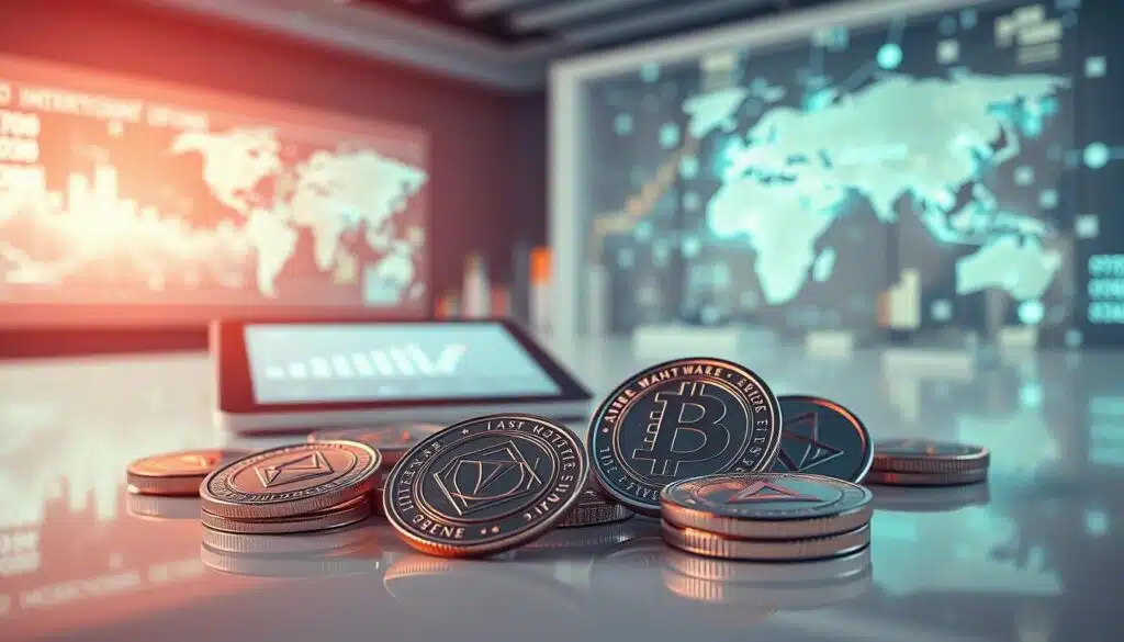 A visually striking representation of asset-referenced tokens, focusing on the concept of stablecoins. In the foreground, a collection of sleek, futuristic-looking digital tokens, artistically designed with geometric patterns and symbols of stability, shine under soft, ambient lighting that creates a sense of trust and innovation. The middle ground features a clean, modern workspace with a digital tablet and financial graphs illustrating market trends related to stablecoins. In the background, abstract representations of global finance intertwine with digital networks, symbolizing the connection between traditional and digital currencies. The atmosphere conveys a feeling of technological advancement and economic security, set within a bright, optimistic color palette. Shot with a slight low angle to emphasize the tokens' importance and relevance in today's financial landscape.