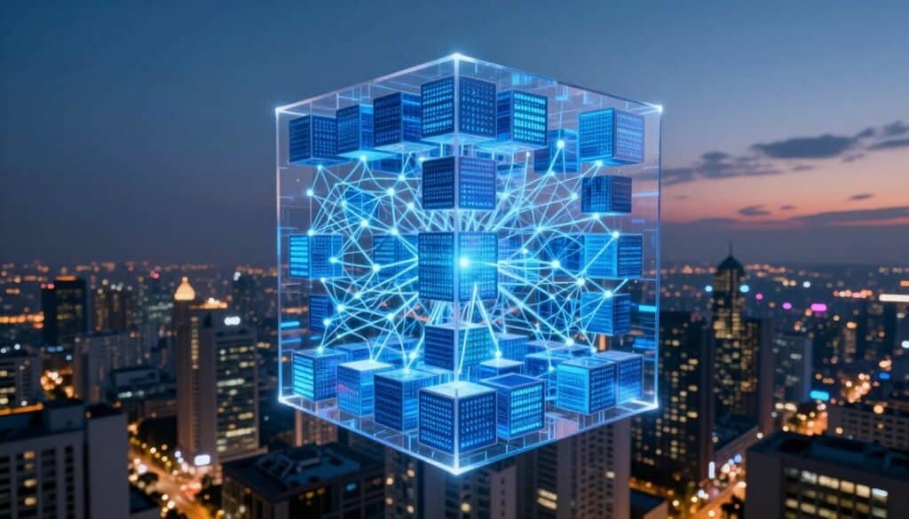 A visually striking representation of blockchain data visualizations intertwined with AI elements. In the foreground, a transparent 3D cube filled with glowing blue digital blocks, symbolizing data transactions. The middle layer features intricate neural network patterns, merging with the cube, showcasing the synergy between AI and blockchain. In the background, a panoramic city skyline at dusk, illuminated with soft neon lights, representing technological advancement and transparency. Use dramatic lighting to highlight the cube and networks, creating a dynamic and futuristic atmosphere. Capture the scene using a wide-angle lens to emphasize depth, ensuring a clean, professional tone suitable for an informative article.