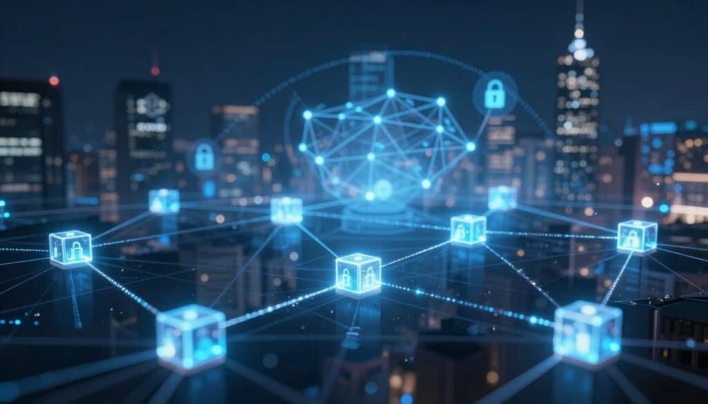 A visually striking representation of blockchain networks, focusing on interconnected nodes and dynamic data flows. In the foreground, a series of glowing digital blocks are linked by shimmering lines, symbolizing data transmission and security. The middle ground features a semi-transparent network diagram highlighting encryption and security protocols, with a subtle blue glow for emphasis. In the background, abstract city skyline silhouettes represent the digital landscape, bathed in cool tones to evoke a sense of advanced technology. The lighting is dramatic, with sharp contrasts between highlights and shadows, creating an immersive, high-tech atmosphere. The composition should be captured from a slightly elevated angle, giving depth to the network structure while maintaining clarity.