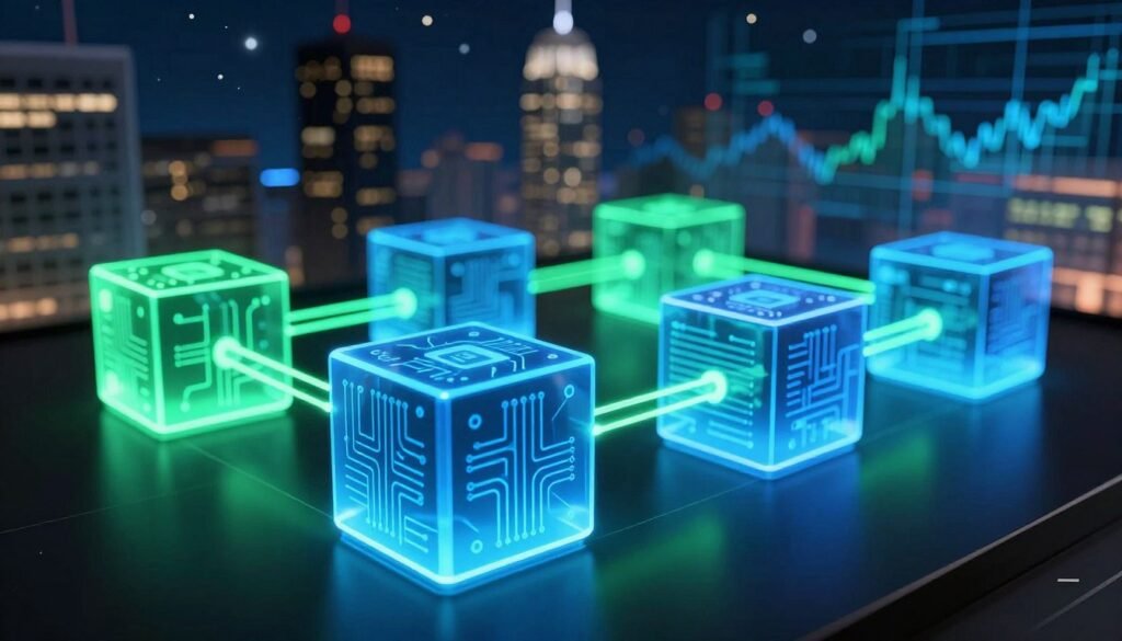 A visually striking representation of blockchain technology, featuring a close-up of interconnected digital blocks forming a chain, glowing with vibrant blue and green neon lights. In the foreground, a stylized 3D block with intricate circuit patterns is illuminated, casting subtle reflections on a sleek black surface. The middle ground showcases multiple layers of translucent blocks, representing data flow and security, interconnected by glowing lines. In the background, a cityscape with skyscrapers contrasted against a night sky filled with stars and digital graphs, conveying innovation and progress. The lighting is bright and dynamic, highlighting the technological theme, while the overall atmosphere feels futuristic and inspiring, perfect for developers exploring the intricacies of blockchain applications. A visually striking representation of blockchain technology, featuring a close-up of interconnected digital blocks forming a chain, glowing with vibrant blue and green neon lights. In the foreground, a stylized 3D block with intricate circuit patterns is illuminated, casting subtle reflections on a sleek black surface. The middle ground showcases multiple layers of translucent blocks, representing data flow and security, interconnected by glowing lines. In the background, a cityscape with skyscrapers contrasted against a night sky filled with stars and digital graphs, conveying innovation and progress. The lighting is bright and dynamic, highlighting the technological theme, while the overall atmosphere feels futuristic and inspiring, perfect for developers exploring the intricacies of blockchain applications.