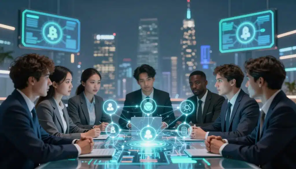 A visually striking representation of consensus in blockchain technology. In the foreground, a diverse group of five professionals in smart business attire, engaged in a lively discussion around a transparent digital table displaying blockchain nodes and transaction data. In the middle ground, glowing interconnected lines symbolize various consensus algorithms—proof of work and proof of stake—emerging from the table and depicting data flow. The background features a futuristic city skyline with digital billboards illustrating blockchain concepts, bathed in soft blue and green neon lighting. The scene has a collaborative and innovative atmosphere, suggesting unity and shared understanding among stakeholders. A shallow depth of field focuses on the group while softly blurring the background.