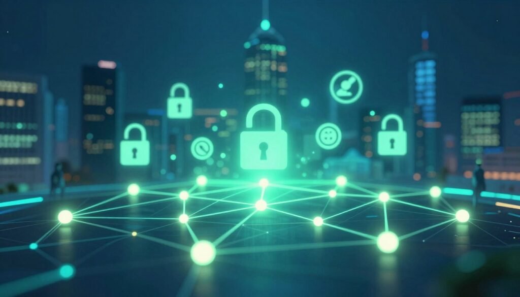 A visually striking representation of consensus networks in a blockchain context. In the foreground, intricate connections of glowing nodes symbolize decentralized consensus, with lines illustrating communication pathways. The middle layer features stylized digital locks and cryptographic symbols, emphasizing security through advanced cryptography. The background consists of a stylized city skyline, representing a digital landscape, bathed in soft blue and green tones, suggesting technology and innovation. Utilize dramatic, soft lighting to create depth, with a slight lens blur focusing on the nodes in the foreground. The mood is dynamic and futuristic, evoking a sense of security and collaboration within a decentralized framework. Avoid any text or watermarks in the image.