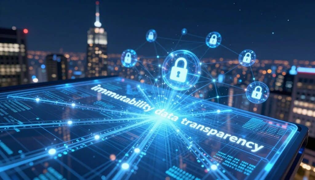 A visually striking representation of "immutability data transparency" in blockchain technology. In the foreground, a large, transparent digital ledger with glowing data blocks, featuring interconnected chains radiating an ethereal blue light. In the middle ground, abstract representations of secure nodes, depicted as luminous spheres, connected by a web of light. The background features a city skyline, blending technological architecture with a starry night sky, creating a sense of innovation and security. The lighting is soft yet vibrant, emphasizing the digital elements. The angle is slightly tilted from above, providing a dynamic perspective. The overall mood conveys trust, security, and cutting-edge technology, exemplifying the core security principles of blockchain.