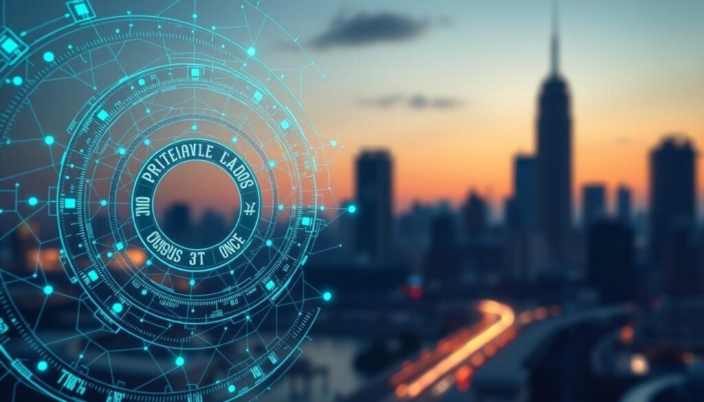 A visually striking representation of "ring signatures" symbolizing privacy in digital transactions. In the foreground, an intricate, dynamic circular pattern of interconnected rings, each adorned with circuits and code snippets, glowing softly in shades of blue and green. The middle ground features abstract representations of nodes linked in a secure network, enhanced with subtle light trails illustrating data flow. The background displays a blurred cityscape at dusk, enveloped in a gentle haze, with silhouettes of skyscrapers. Utilize soft, diffused lighting to create an ethereal atmosphere that emphasizes anonymity and security. The overall mood is one of sophistication and futuristic privacy, inviting intrigue into the concept of blockchain anonymity without any text or human figures. A visually striking representation of "ring signatures" symbolizing privacy in digital transactions. In the foreground, an intricate, dynamic circular pattern of interconnected rings, each adorned with circuits and code snippets, glowing softly in shades of blue and green. The middle ground features abstract representations of nodes linked in a secure network, enhanced with subtle light trails illustrating data flow. The background displays a blurred cityscape at dusk, enveloped in a gentle haze, with silhouettes of skyscrapers. Utilize soft, diffused lighting to create an ethereal atmosphere that emphasizes anonymity and security. The overall mood is one of sophistication and futuristic privacy, inviting intrigue into the concept of blockchain anonymity without any text or human figures.