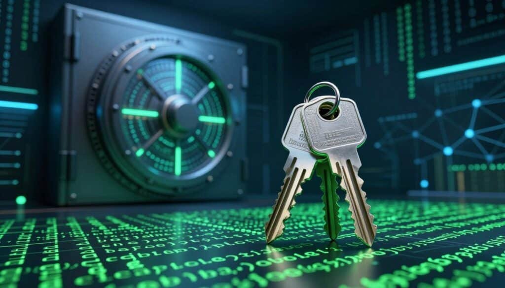 A visually striking representation of security private keys as the focal point, in a sleek, high-tech environment. In the foreground, prominent digital keys interspersed with lines of code, glimmering in a soft, green glow, symbolizing blockchain technology. The middle ground features a stylized secure vault with intricate patterns and glowing circuits, reflecting state-of-the-art security. In the background, a dark, abstract digital landscape filled with faint binary codes and network nodes, creating a sense of depth and complexity. The lighting is moody and dramatic, with a focus on the keys, accented by soft blue and green highlights, evoking a feeling of trust and security in digital assets. The perspective is slightly angled upward, enhancing the importance of the keys while maintaining an air of mystery.