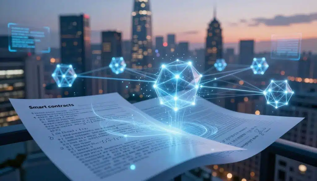 A visually striking representation of smart contracts within a modern blockchain ecosystem. In the foreground, intricate digital contracts appear as transparent sheets with flowing code and mathematical equations, illuminated by a soft blue glow. The middle ground features stylized interconnected blockchain nodes, with glowing lines representing data flow and transaction networks, creating a sense of dynamic movement. The background is a futuristic city skyline bathed in dusk light, with hints of digital screens and advanced technology. The atmosphere is sleek and innovative, evoking a sense of trust and progress in the world of technology. Use dramatic lighting to emphasize the clarity of the contracts and the interconnectedness of the blockchain. The angle should be slightly elevated, giving a comprehensive view of this advanced technological landscape.