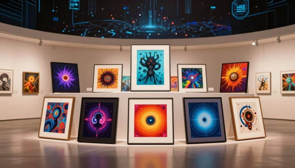 A visually striking representation of static NFTs displayed prominently in the foreground, featuring various unique digital art pieces framed in elegant, minimalist borders. Each NFT should showcase vibrant colors and intricate designs, symbolizing individuality and creativity. In the middle ground, place a sleek, modern digital gallery setting, softly illuminated by warm, ambient lighting that enhances the artwork's details. The background should depict an abstract digital landscape, hinting at the limitless potential of blockchain technology. The overall mood should convey sophistication and innovation, inviting viewers to ponder the nature of static NFTs. Use a wide-angle perspective to capture the depth of the scene, ensuring a clean, professional aesthetic without any text or distractions. A visually striking representation of static NFTs displayed prominently in the foreground, featuring various unique digital art pieces framed in elegant, minimalist borders. Each NFT should showcase vibrant colors and intricate designs, symbolizing individuality and creativity. In the middle ground, place a sleek, modern digital gallery setting, softly illuminated by warm, ambient lighting that enhances the artwork's details. The background should depict an abstract digital landscape, hinting at the limitless potential of blockchain technology. The overall mood should convey sophistication and innovation, inviting viewers to ponder the nature of static NFTs. Use a wide-angle perspective to capture the depth of the scene, ensuring a clean, professional aesthetic without any text or distractions.