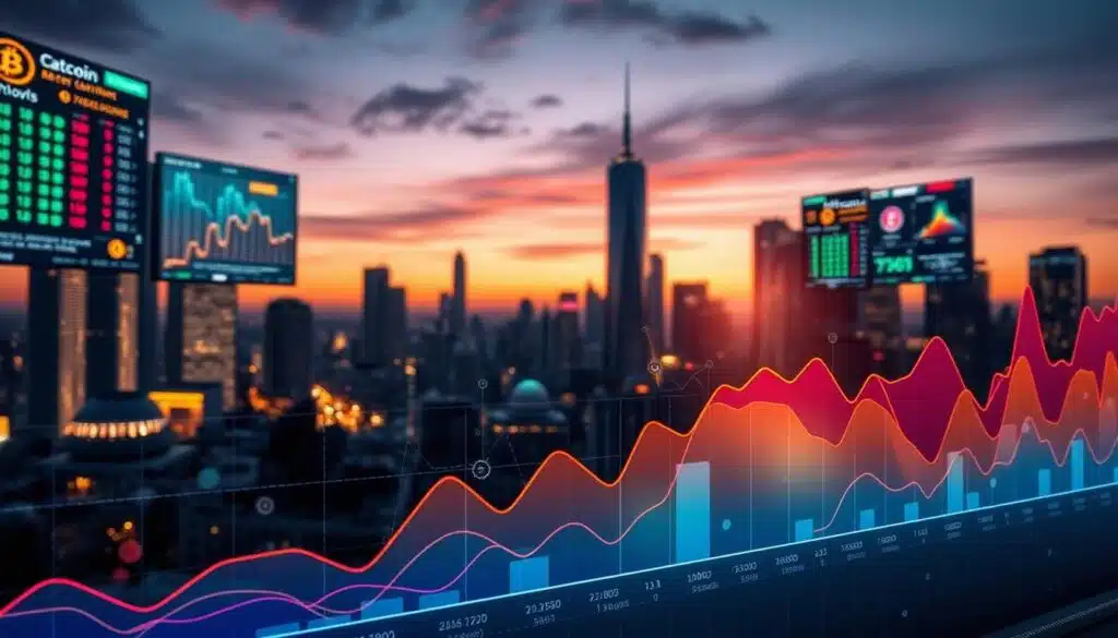A visually striking representation of the "Altcoin Season Index" displayed prominently in the foreground, showcasing a vibrant, multi-colored graph with rising and falling trends indicative of altcoin performance. In the middle ground, abstract shapes and cryptocurrency symbols blend seamlessly with data visualization elements like charts and metrics, embodying the dynamics of altcoin trading. The background features a futuristic city skyline at twilight, illuminated by digital screens displaying cryptocurrency data, creating a tech-savvy atmosphere. Soft focused lighting enhances the details and adds depth, with a slight lens flare that suggests optimism and growth. The overall mood conveys innovation, market analysis, and financial acumen, inviting viewers to explore the complexities of altcoin trends in a professional context.