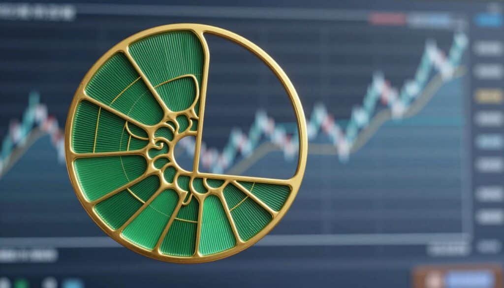 A visually striking representation of the Fibonacci sequence, illustrating the intricate spiral pattern emanating from a central point. In the foreground, a beautifully detailed gold and green spiral showcases the Fibonacci sequence, with each segment gracefully transitioning into the next. The middle layer features a softly blurred graph of cryptocurrency price movements, subtly integrating Fibonacci retracement levels as horizontal lines across the graph. The background highlights a digital landscape of abstract shapes and flowing curves that suggest growth and innovation, with a cool, futuristic color palette of blues and silvers. Soft, ambient lighting creates a calm, analytical atmosphere, emphasizing clarity and precision. The image promotes an insightful exploration into patterns and analysis within the crypto world.