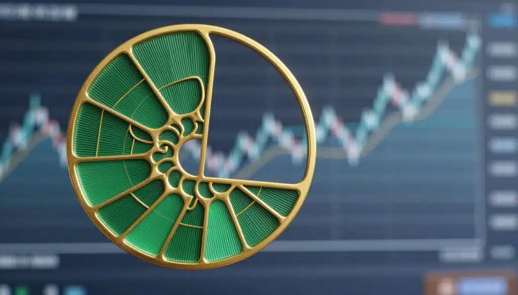 A visually striking representation of the Fibonacci sequence, illustrating the intricate spiral pattern emanating from a central point. In the foreground, a beautifully detailed gold and green spiral showcases the Fibonacci sequence, with each segment gracefully transitioning into the next. The middle layer features a softly blurred graph of cryptocurrency price movements, subtly integrating Fibonacci retracement levels as horizontal lines across the graph. The background highlights a digital landscape of abstract shapes and flowing curves that suggest growth and innovation, with a cool, futuristic color palette of blues and silvers. Soft, ambient lighting creates a calm, analytical atmosphere, emphasizing clarity and precision. The image promotes an insightful exploration into patterns and analysis within the crypto world.