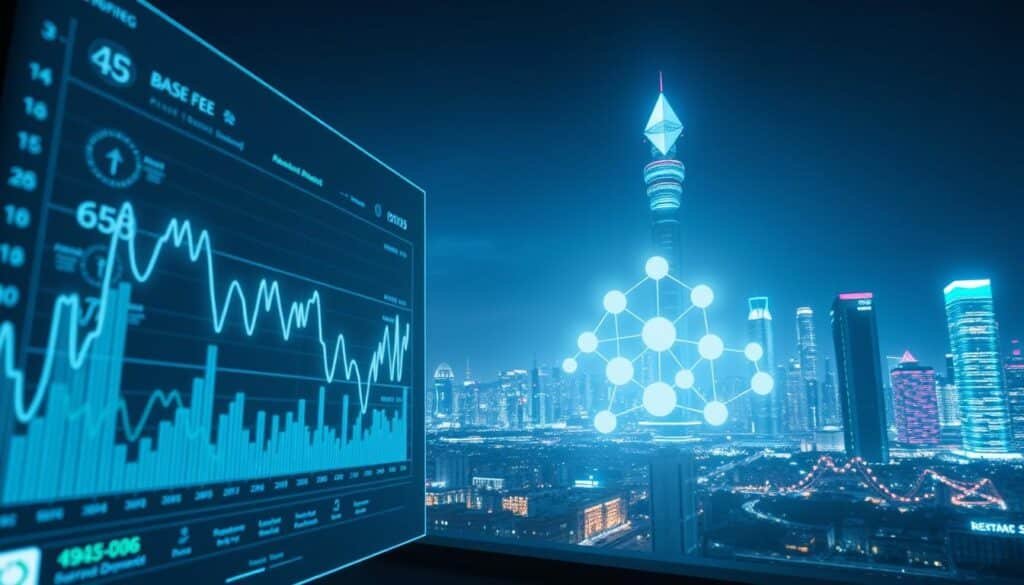 A visually striking representation of the concept of "base fee" in Ethereum gas fees. In the foreground, a stylized digital dashboard displays fluctuating graphs and metrics related to gas fees. The middle layer reveals a series of interconnected blockchain nodes, represented as illuminated spheres connected by glowing lines, signifying network demand. The background features a futuristic cityscape with neon lights and a clear night sky, enhancing the technological atmosphere. The lighting is dynamic, with a cool blue and green color palette creating a sense of innovation and efficiency. The angle is slightly tilted to give a dramatic perspective, emphasizing the complexity and importance of optimizing gas fees. Aim for a clean, professional aesthetic with no text or additional elements interfering with the visual message. A visually striking representation of the concept of "base fee" in Ethereum gas fees. In the foreground, a stylized digital dashboard displays fluctuating graphs and metrics related to gas fees. The middle layer reveals a series of interconnected blockchain nodes, represented as illuminated spheres connected by glowing lines, signifying network demand. The background features a futuristic cityscape with neon lights and a clear night sky, enhancing the technological atmosphere. The lighting is dynamic, with a cool blue and green color palette creating a sense of innovation and efficiency. The angle is slightly tilted to give a dramatic perspective, emphasizing the complexity and importance of optimizing gas fees. Aim for a clean, professional aesthetic with no text or additional elements interfering with the visual message.