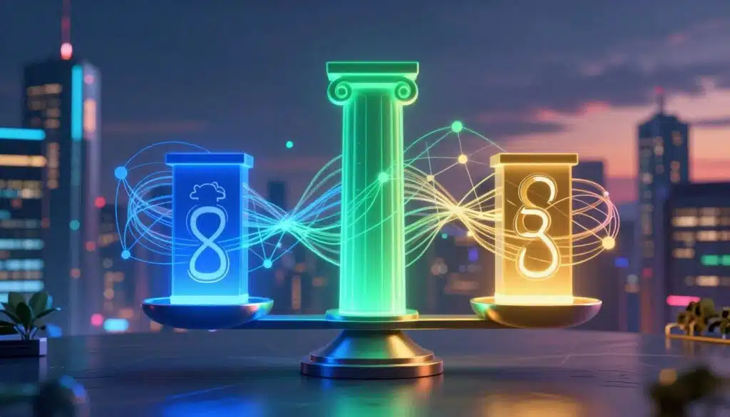 A visually striking representation of the scalability trilemma in blockchain technology, featuring three interconnected pillars symbolizing security, decentralization, and scalability. In the foreground, a digital scale balances the three pillars, each glowing with a different hue: blue for security, green for scalability, and gold for decentralization. In the middle ground, abstract representations of blockchain networks with nodes and connections intricately woven around the pillars, showcasing dynamic data flow. The background displays a futuristic city skyline at dusk, illuminated with neon lights, creating a vibrant, tech-oriented atmosphere. Soft, directional lighting highlights the pillars, casting subtle shadows that enhance depth. The overall mood is innovative yet balanced, conveying the complexities and challenges of achieving scalable blockchain solutions.