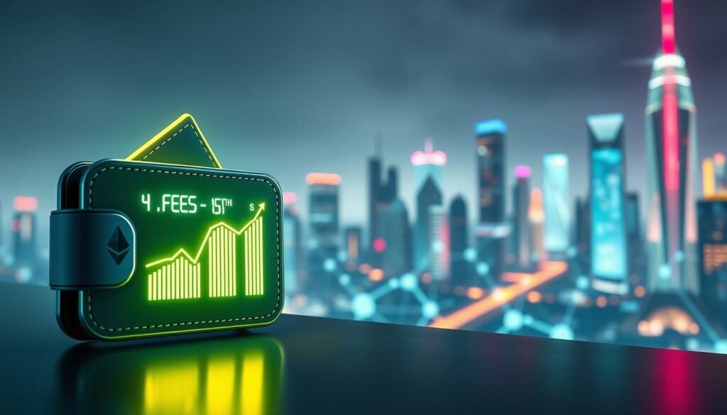 A visually striking scene illustrating the concept of fees in the context of Ethereum scaling. In the foreground, a digital wallet icon displays fluctuating fees, with glowing numbers and graphs indicating upward trends, symbolizing fast transactions. The middle ground features abstract representations of blockchain transactions, illustrated as flowing data streams and interconnected nodes symbolizing network efficiency. The background depicts a futuristic city skyline with towering buildings and vibrant neon lights, conveying a sense of innovation and progress. Soft, cool lighting enhances a professional atmosphere, while a slight lens blur adds depth to the scene. The overall mood is optimistic and forward-looking, emphasizing a seamless user experience in the evolving landscape of cryptocurrency. A visually striking scene illustrating the concept of fees in the context of Ethereum scaling. In the foreground, a digital wallet icon displays fluctuating fees, with glowing numbers and graphs indicating upward trends, symbolizing fast transactions. The middle ground features abstract representations of blockchain transactions, illustrated as flowing data streams and interconnected nodes symbolizing network efficiency. The background depicts a futuristic city skyline with towering buildings and vibrant neon lights, conveying a sense of innovation and progress. Soft, cool lighting enhances a professional atmosphere, while a slight lens blur adds depth to the scene. The overall mood is optimistic and forward-looking, emphasizing a seamless user experience in the evolving landscape of cryptocurrency.