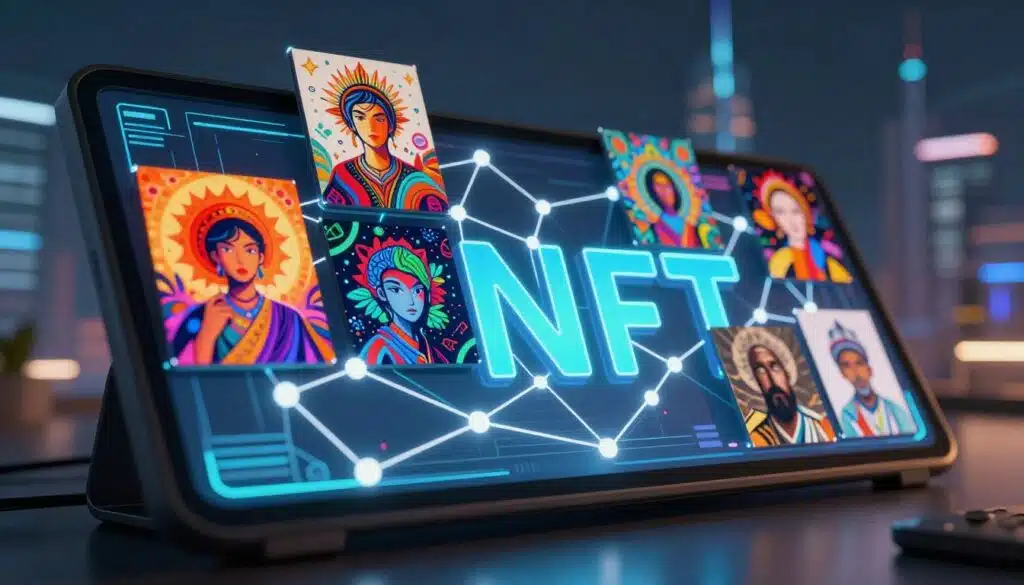 A vivid composition showcasing the concept of NFTs, focusing on dynamic and static elements. In the foreground, a sleek, modern digital display showcases animated and static art pieces symbolizing NFTs, with vibrant colors and intricate designs. In the middle ground, a stylized blockchain representation intertwines with these art pieces, illustrating the connection between metadata and ownership, with glowing nodes and chains. The background features a futuristic, abstract cityscape, hinting at a digital world where these NFTs exist. Utilize soft, ambient lighting with strategic highlights to evoke a sophisticated, tech-savvy atmosphere. The camera angle should be slightly low, enhancing the prominence of the NFTs in the foreground while maintaining a sense of depth and immersion in the blockchain theme. A vivid composition showcasing the concept of NFTs, focusing on dynamic and static elements. In the foreground, a sleek, modern digital display showcases animated and static art pieces symbolizing NFTs, with vibrant colors and intricate designs. In the middle ground, a stylized blockchain representation intertwines with these art pieces, illustrating the connection between metadata and ownership, with glowing nodes and chains. The background features a futuristic, abstract cityscape, hinting at a digital world where these NFTs exist. Utilize soft, ambient lighting with strategic highlights to evoke a sophisticated, tech-savvy atmosphere. The camera angle should be slightly low, enhancing the prominence of the NFTs in the foreground while maintaining a sense of depth and immersion in the blockchain theme.