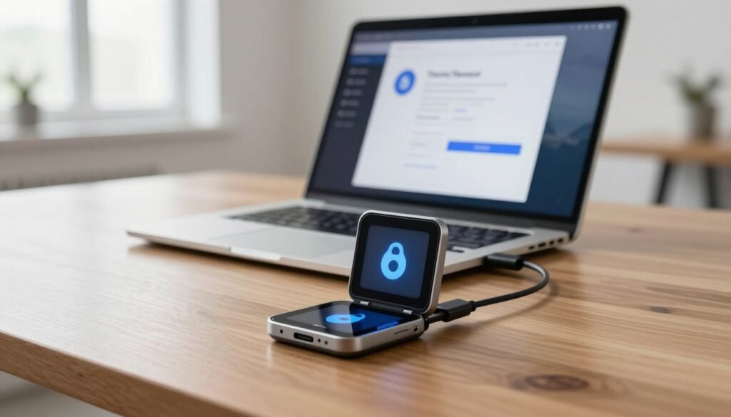 A well-lit, modern workspace featuring a Trezor wallet prominently displayed on a sleek, wooden desk. In the foreground, the Trezor device is open, with its screen glowing to indicate access, while a secure USB cable connects it to a laptop in the middle ground. The laptop screen displays the Trezor interface, showcasing security measures and wallet access options. The background features a blurred view of a minimalist office with soft natural lighting coming through a window, evoking a calm and secure atmosphere. The mood is professional and focused, with emphasis on technology and cryptocurrency security. Use a shallow depth of field to highlight the Trezor wallet and laptop, capturing the essence of secure digital transactions.