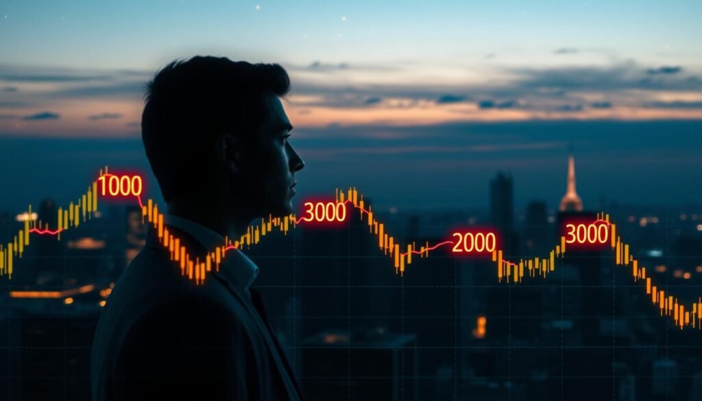An abstract representation of round number psychology in financial trading. In the foreground, a vibrant digital graph displays various price levels highlighted around round numbers, such as 100, 200, and 300, glowing softly to indicate their significance. The middle ground features a business professional in smart attire, observing the graph intently, symbolizing the analytical aspect of trading psychology. In the background, a city skyline fades into a calm, twilight sky, with scattered stars creating a reflective atmosphere. The lighting is a blend of warm and cool tones, casting an insightful mood that emphasizes the importance of these psychological price points in trading. The angle is slightly elevated, capturing both the graph and the trader's focused expression.