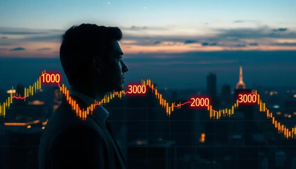 An abstract representation of round number psychology in financial trading. In the foreground, a vibrant digital graph displays various price levels highlighted around round numbers, such as 100, 200, and 300, glowing softly to indicate their significance. The middle ground features a business professional in smart attire, observing the graph intently, symbolizing the analytical aspect of trading psychology. In the background, a city skyline fades into a calm, twilight sky, with scattered stars creating a reflective atmosphere. The lighting is a blend of warm and cool tones, casting an insightful mood that emphasizes the importance of these psychological price points in trading. The angle is slightly elevated, capturing both the graph and the trader's focused expression.