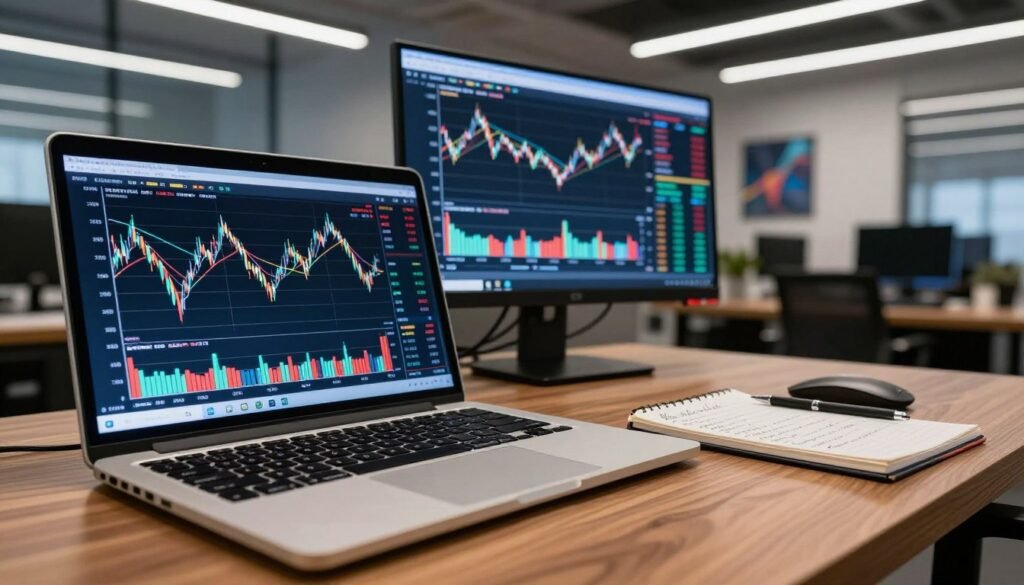 An analytical and detailed scene depicting a cryptocurrency trading setup focused on moving averages. In the foreground, a sleek laptop displays colorful charts with clear lines showing various moving averages: short, medium, and long-term. Beside the laptop, a notepad with handwritten notes on crypto trading strategies sits on a stylish wooden desk. In the middle ground, a large wall screen shows real-time data with graphs and indicators surrounding it. The background conveys a modern, sophisticated office environment with glowing LED lights and digital asset artwork. The lighting is bright and professional, creating a focused atmosphere. Use a slight low-angle lens view to emphasize the importance of the trading setup, emphasizing clarity and insight. The overall mood is one of professionalism and innovation.