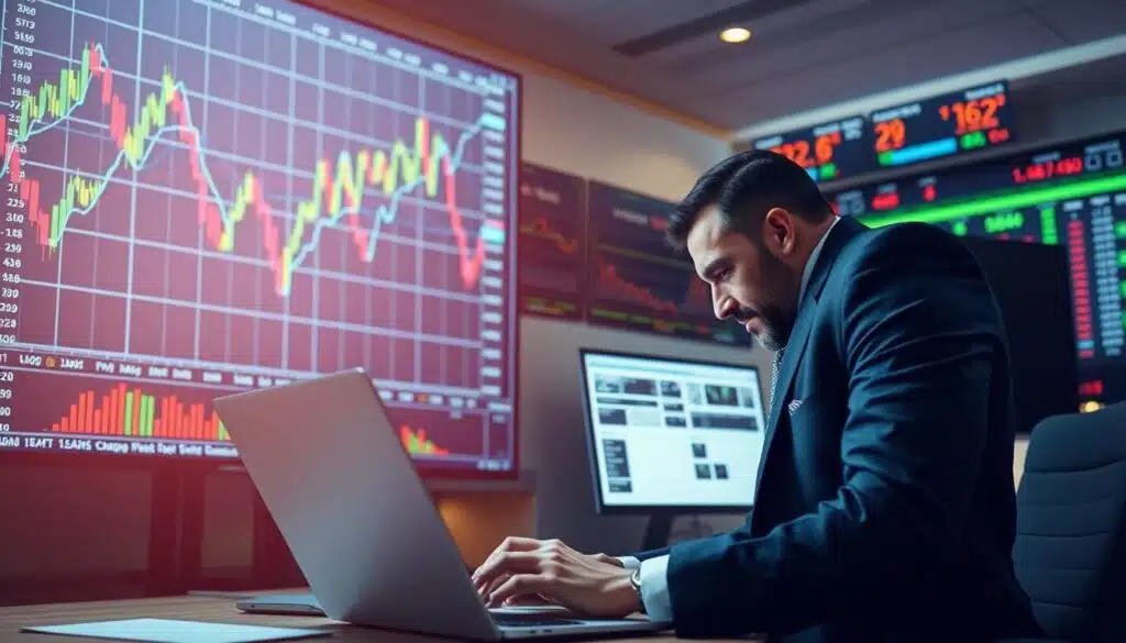 An illustration of a moving average crossover strategy in a professional trading environment. In the foreground, a large digital screen displays a colorful, intricate line graph with two moving average lines crossing over each other, one in blue and one in red, indicating buy and sell signals. In the middle ground, a focused trader, dressed in a smart business suit, is intently analyzing data on a laptop, the glow of the screen reflecting on their face. The background features a wall of charts and financial news tickers, softly lit with warm white lighting to create an ambiance of concentration and urgency. The entire scene captures the dynamic atmosphere of a trading office, emphasizing analysis, strategy development, and technological integration in trading decisions.
