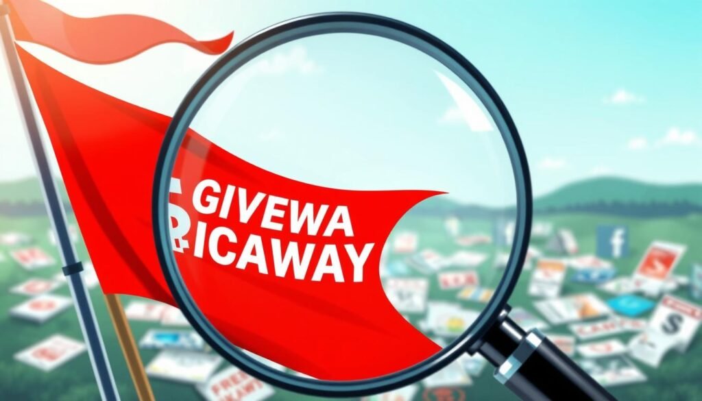 An illustrative scene depicting a magnifying glass focused on a vivid red flag in the foreground, symbolizing warning signals of fake giveaway scams. The magnifying glass should have a clear lens, enhancing the details of the red flag, which is adorned with exaggerated features like dollar signs and question marks, emphasizing caution. In the middle ground, a blurred assortment of giveaway advertisements lies scattered, hinting at fraudulent messages. The background should depict a digital landscape, subtly suggesting social media and websites, with a soft-focus effect to maintain emphasis on the foreground elements. The lighting should be bright and attention-grabbing, conveying urgency, with a slight vignette effect to draw the eye inward. The overall mood should be alert and cautionary, encouraging viewers to be vigilant about scams. An illustrative scene depicting a magnifying glass focused on a vivid red flag in the foreground, symbolizing warning signals of fake giveaway scams. The magnifying glass should have a clear lens, enhancing the details of the red flag, which is adorned with exaggerated features like dollar signs and question marks, emphasizing caution. In the middle ground, a blurred assortment of giveaway advertisements lies scattered, hinting at fraudulent messages. The background should depict a digital landscape, subtly suggesting social media and websites, with a soft-focus effect to maintain emphasis on the foreground elements. The lighting should be bright and attention-grabbing, conveying urgency, with a slight vignette effect to draw the eye inward. The overall mood should be alert and cautionary, encouraging viewers to be vigilant about scams.