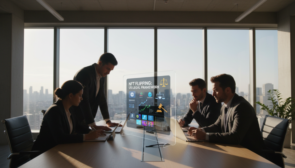 An informative scene depicting the legal landscape of NFT flipping in the United States. In the foreground, a diverse group of professionals in business attire analyzes documents and digital devices, with expressions of focus and determination. In the middle, a large digital screen displays NFT marketplaces, charts, and legal symbols like scales of justice. The background features a modern office environment with large windows, letting in warm natural light. The atmosphere is serious yet engaging, capturing the essence of important legal discussions. Use a slightly angled perspective to emphasize the interaction among the subjects and the technology, with soft shadows to enhance depth and clarity. Overall, convey a sense of professionalism and careful consideration of legal factors surrounding NFTs. An informative scene depicting the legal landscape of NFT flipping in the United States. In the foreground, a diverse group of professionals in business attire analyzes documents and digital devices, with expressions of focus and determination. In the middle, a large digital screen displays NFT marketplaces, charts, and legal symbols like scales of justice. The background features a modern office environment with large windows, letting in warm natural light. The atmosphere is serious yet engaging, capturing the essence of important legal discussions. Use a slightly angled perspective to emphasize the interaction among the subjects and the technology, with soft shadows to enhance depth and clarity. Overall, convey a sense of professionalism and careful consideration of legal factors surrounding NFTs.