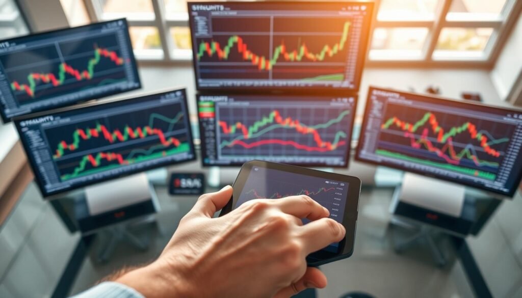 An overhead view of a sleek modern trading desk with multiple screens displaying dynamic price action charts. In the foreground, a hand is poised over a tablet, analyzing sharp candlestick patterns and trend lines. The middle ground features an array of colorful graphs showcasing various trading setups, such as breakouts and reversals, arranged neatly against a subtle gradient background. The background is softly blurred office space, illuminated by natural sunlight filtering through large windows, giving a warm and focused atmosphere. Subtle reflections on the glass desk adds to the professional ambiance. The overall mood should be one of concentration and strategy, embodying the essence of actionable trading methods. An overhead view of a sleek modern trading desk with multiple screens displaying dynamic price action charts. In the foreground, a hand is poised over a tablet, analyzing sharp candlestick patterns and trend lines. The middle ground features an array of colorful graphs showcasing various trading setups, such as breakouts and reversals, arranged neatly against a subtle gradient background. The background is softly blurred office space, illuminated by natural sunlight filtering through large windows, giving a warm and focused atmosphere. Subtle reflections on the glass desk adds to the professional ambiance. The overall mood should be one of concentration and strategy, embodying the essence of actionable trading methods.