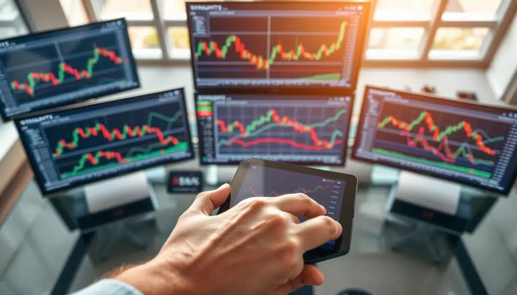 An overhead view of a sleek modern trading desk with multiple screens displaying dynamic price action charts. In the foreground, a hand is poised over a tablet, analyzing sharp candlestick patterns and trend lines. The middle ground features an array of colorful graphs showcasing various trading setups, such as breakouts and reversals, arranged neatly against a subtle gradient background. The background is softly blurred office space, illuminated by natural sunlight filtering through large windows, giving a warm and focused atmosphere. Subtle reflections on the glass desk adds to the professional ambiance. The overall mood should be one of concentration and strategy, embodying the essence of actionable trading methods.