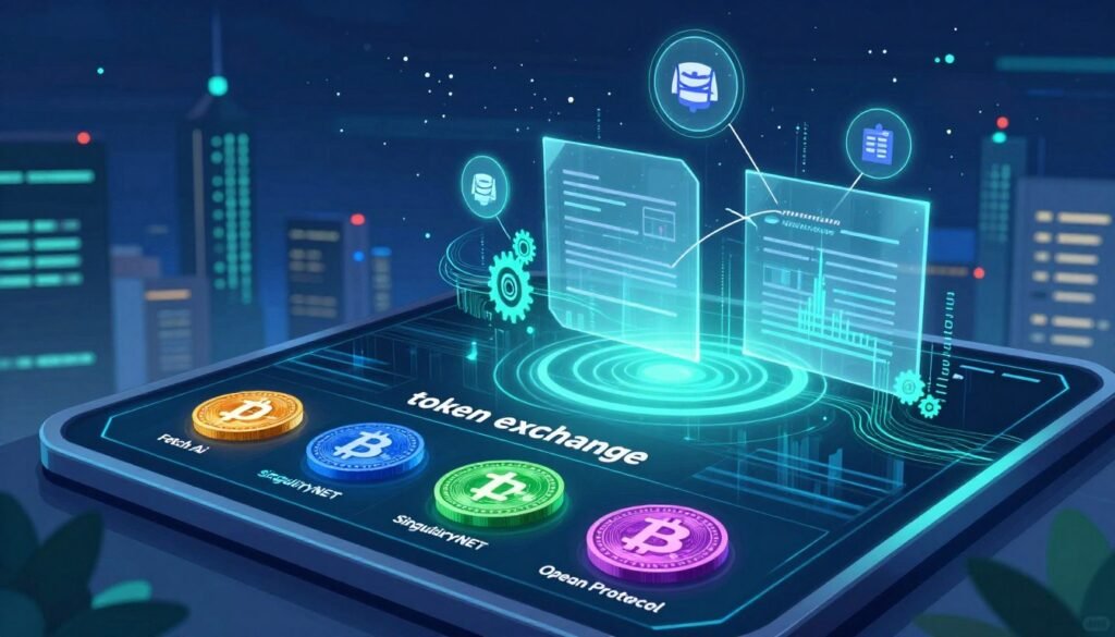 Create a detailed digital illustration of a "token exchange" scene that embodies a futuristic blockchain environment. In the foreground, depict a sleek, modern digital interface displaying various cryptocurrency tokens with vibrant colors and intricate designs, symbolizing Fetch.ai, SingularityNET, and Ocean Protocol. In the middle ground, include holographic representations of smart contracts facilitating the exchanges, surrounded by symbols of collaboration and technology, like gears and data streams. The background should feature a high-tech city skyline with glowing buildings and a digital sky filled with floating data points, suggesting innovation and connectivity. Use soft blue and green lighting to create a professional, optimistic atmosphere, captured with a slightly elevated angle to emphasize the digital trading activity.