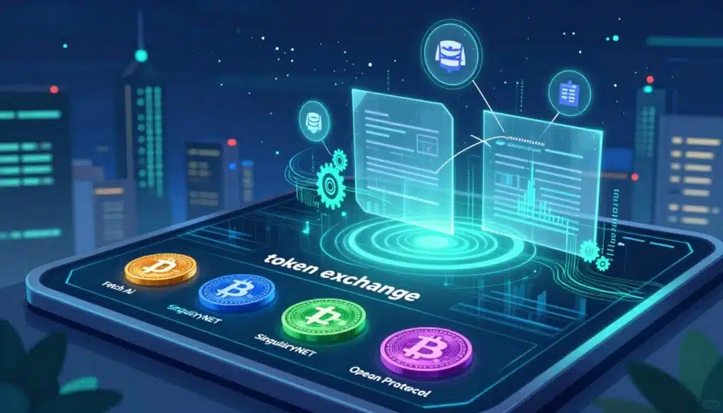 Create a detailed digital illustration of a "token exchange" scene that embodies a futuristic blockchain environment. In the foreground, depict a sleek, modern digital interface displaying various cryptocurrency tokens with vibrant colors and intricate designs, symbolizing Fetch.ai, SingularityNET, and Ocean Protocol. In the middle ground, include holographic representations of smart contracts facilitating the exchanges, surrounded by symbols of collaboration and technology, like gears and data streams. The background should feature a high-tech city skyline with glowing buildings and a digital sky filled with floating data points, suggesting innovation and connectivity. Use soft blue and green lighting to create a professional, optimistic atmosphere, captured with a slightly elevated angle to emphasize the digital trading activity. Create a detailed digital illustration of a "token exchange" scene that embodies a futuristic blockchain environment. In the foreground, depict a sleek, modern digital interface displaying various cryptocurrency tokens with vibrant colors and intricate designs, symbolizing Fetch.ai, SingularityNET, and Ocean Protocol. In the middle ground, include holographic representations of smart contracts facilitating the exchanges, surrounded by symbols of collaboration and technology, like gears and data streams. The background should feature a high-tech city skyline with glowing buildings and a digital sky filled with floating data points, suggesting innovation and connectivity. Use soft blue and green lighting to create a professional, optimistic atmosphere, captured with a slightly elevated angle to emphasize the digital trading activity.