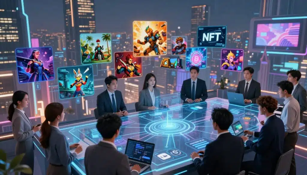 Futuristic scene depicting multi-chain NFT platforms illustrating their evolution in 2025. In the foreground, a diverse group of professionals, dressed in smart business attire, collaborate around a sleek holographic display showcasing various NFT marketplaces interconnected across different blockchain networks. The middle ground features digital art and vibrant NFTs floating in a dynamic, colorful space, designed to represent the rapid growth and competition in the NFT market. In the background, a sprawling cityscape with high-tech architecture and digital billboards shines in soft, ambient lighting, conveying innovation and energy. The atmosphere is lively yet professional, with a sense of forward-thinking optimism, captured in a slightly tilted perspective to enhance depth.