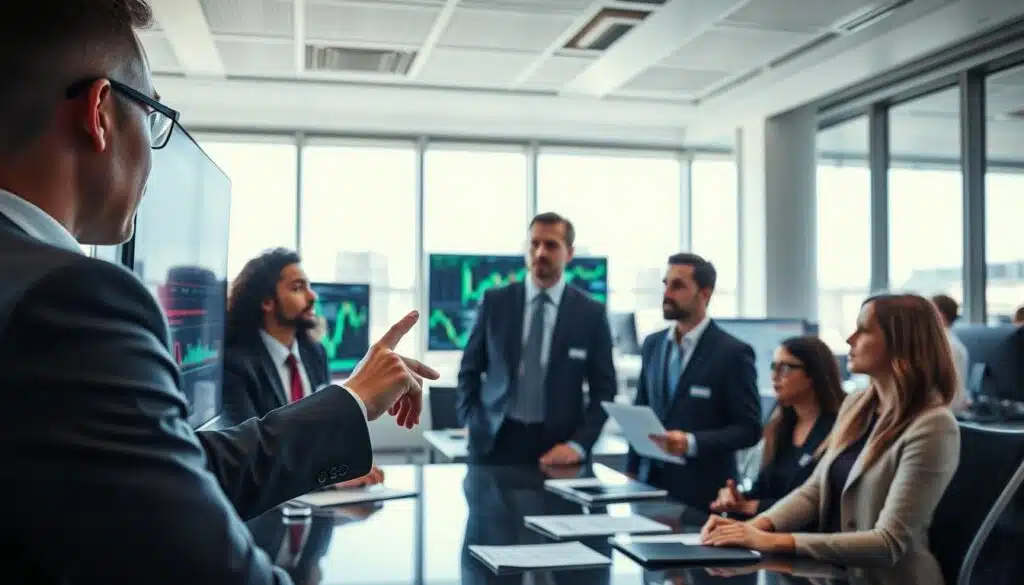 In a brightly lit trading office environment, depict a diverse team of financial analysts engaged in a strategy meeting. In the foreground, a focused analyst points at a digital display showing a candlestick chart with moving averages crossing, indicating trading signals. The middle ground features screens filled with graphs and data, highlighting confirmations for successful trades. In the background, large windows allow natural light to flood the room, creating an open and collaborative atmosphere. The professionals wear smart business attire, reflecting a serious and motivated mood. Emphasize the clarity and vibrancy of the data on the screens, while capturing a sense of urgency and excitement in the air, suggesting the importance of confirming signals in trading strategies.