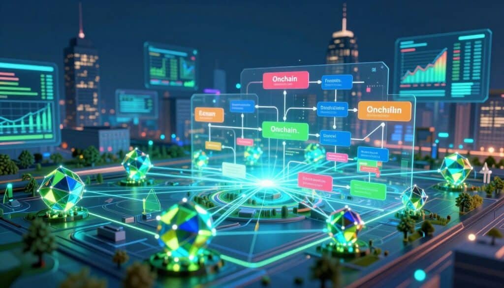 In a futuristic digital landscape, visualize an intricate 3D representation of on-chain data. In the foreground, showcase vibrant, glowing blockchain nodes interconnected by luminous lines, symbolizing data flow. The middle ground features a stylized, semi-transparent flowchart detailing various on-chain metrics like transaction volume and wallet interactions, all rendered in clear, bold colors. In the background, create a city skyline made of floating digital screens displaying graphs and analytics that pulse with energy. The scene is illuminated by a soft blue and green glow, creating a high-tech atmosphere. Capture this from a dynamic low angle, enhancing the depth and complexity of the data structure, evoking a sense of importance and innovation in the crypto market. In a futuristic digital landscape, visualize an intricate 3D representation of on-chain data. In the foreground, showcase vibrant, glowing blockchain nodes interconnected by luminous lines, symbolizing data flow. The middle ground features a stylized, semi-transparent flowchart detailing various on-chain metrics like transaction volume and wallet interactions, all rendered in clear, bold colors. In the background, create a city skyline made of floating digital screens displaying graphs and analytics that pulse with energy. The scene is illuminated by a soft blue and green glow, creating a high-tech atmosphere. Capture this from a dynamic low angle, enhancing the depth and complexity of the data structure, evoking a sense of importance and innovation in the crypto market.