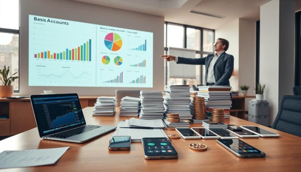 In a well-organized office setting, visualize a large wooden desk in the foreground, covered with financial documents and a laptop displaying a crypto wallet interface. On one side, a professional individual in business attire points towards a series of colorful pie charts and graphs projected on the wall, representing various basis account assets. In the middle ground, stacks of digital devices like smartphones and tablets showcase various cryptocurrencies and accounting apps, emphasizing the theme of wallet-by-wallet and account-by-account tracking. The background features large windows with soft natural light streaming in, creating a focused yet inviting atmosphere. The overall mood conveys diligence and clarity, essential for understanding the tax implications of crypto assets in 2025, focusing on the importance of meticulous record-keeping.