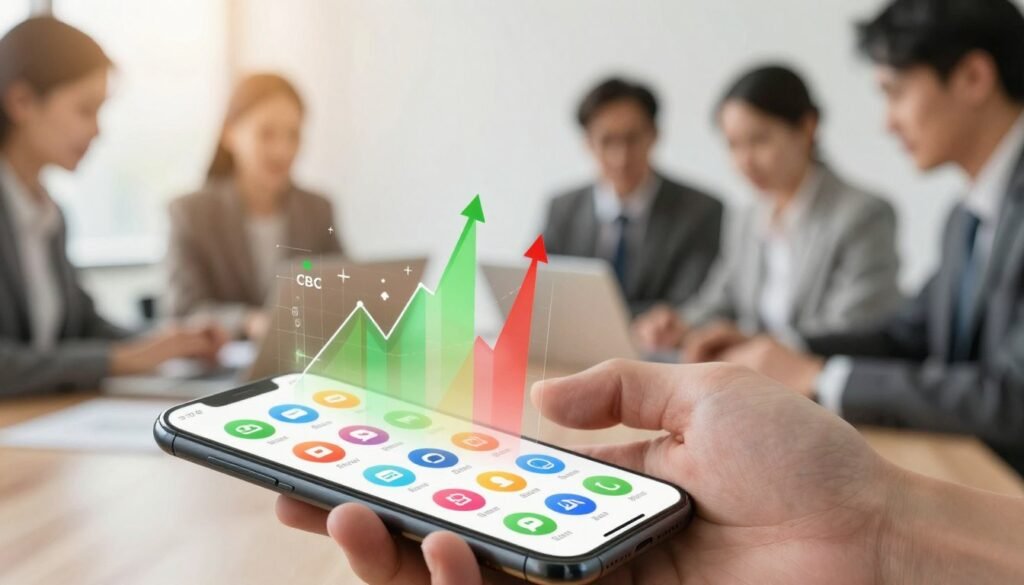 In the foreground, depict a close-up of a digital smartphone displaying various social media apps with vibrant icons representing investor conversations. Transitioning to the middle ground, show abstract graphs and charts emerging from the phone, symbolizing social media sentiment analysis, with colorful upward and downward trends in shades of green and red. In the background, illustrate a blurred office environment with professionals in business attire collaborating over laptops and discussing strategies, creating a sense of active engagement. Use soft, warm lighting to evoke a sense of optimism and productivity, with a slight vignette effect to focus attention on the smartphone and data visualization. The composition should convey a modern, dynamic atmosphere, enriched with a spirit of collective insight into market sentiments.