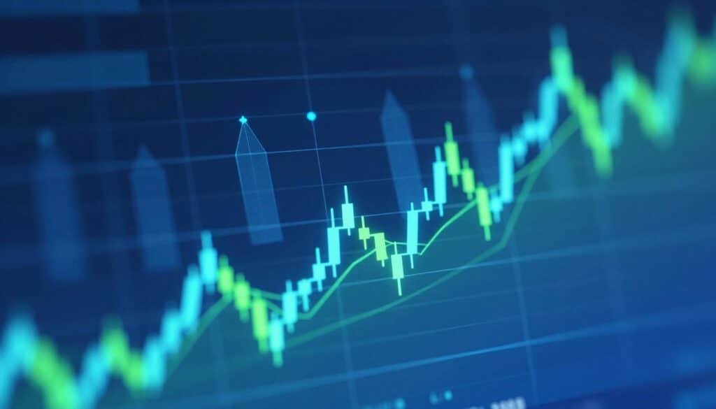 Visualize a dynamic digital landscape that represents a cryptocurrency volume signal. In the foreground, feature a stylized candlestick chart filled with vibrant upward and downward movements, glowing with neon blue and green hues. The middle ground should showcase abstract geometric shapes resembling data points and arrows, emphasizing fluctuations in volume, while integrating subtle lines that connect them, depicting the flow of data. The background should show a gradient of dark to light blue, evoking a sense of depth and technology. Soft, focused lighting highlights the chart and elements of volume while creating a modern, professional atmosphere. The mood is energetic and analytical, symbolizing the importance of volume in trading decisions. Capture this scene with a slight tilt perspective, imbuing a sense of forward momentum in the ever-evolving cryptocurrency market.