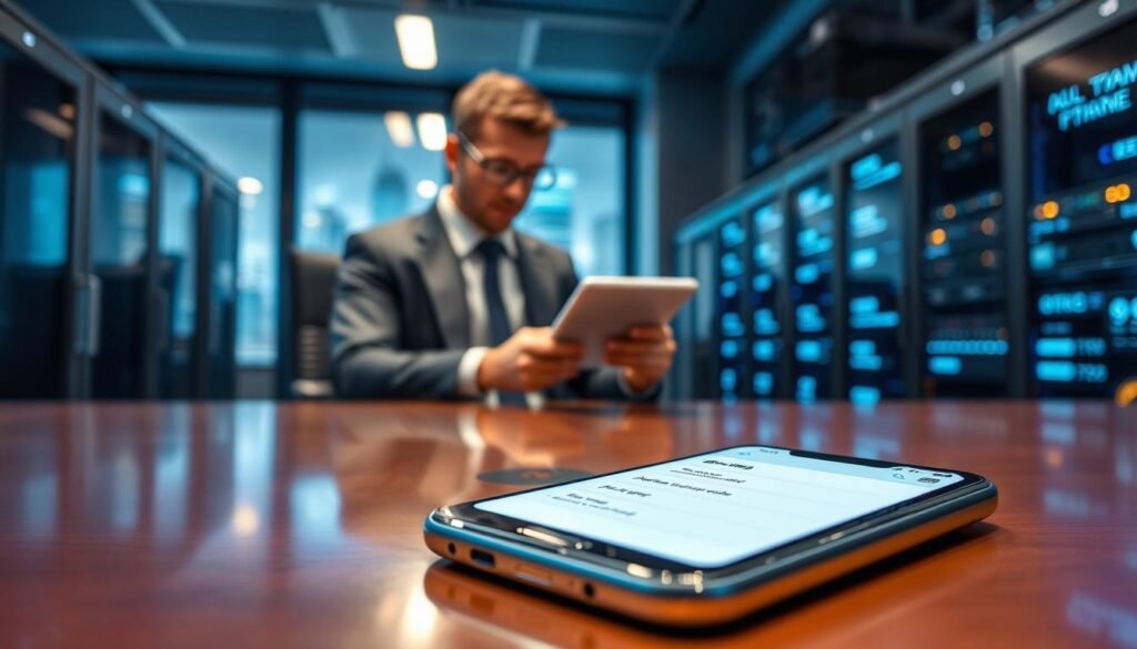 Visualize a secure telecommunication environment representing carrier number protection against SIM swapping. In the foreground, a sleek, professional smartphone lies on a polished desk, displaying an intricate security settings menu. In the middle ground, an IT specialist in smart business attire examines the device with focused attention, surrounded by high-tech equipment, such as servers and network routers, signifying connectivity. The background features a window with digital cityscape views, bathed in soft blue lighting that conveys a sense of safety and modern technology. The atmosphere is serious yet innovative, highlighting the importance of robust security measures in the telecommunications industry. Employ a shallow depth of field with soft bokeh effects to emphasize the smartphone and professional while keeping the background subtly blurred. Visualize a secure telecommunication environment representing carrier number protection against SIM swapping. In the foreground, a sleek, professional smartphone lies on a polished desk, displaying an intricate security settings menu. In the middle ground, an IT specialist in smart business attire examines the device with focused attention, surrounded by high-tech equipment, such as servers and network routers, signifying connectivity. The background features a window with digital cityscape views, bathed in soft blue lighting that conveys a sense of safety and modern technology. The atmosphere is serious yet innovative, highlighting the importance of robust security measures in the telecommunications industry. Employ a shallow depth of field with soft bokeh effects to emphasize the smartphone and professional while keeping the background subtly blurred.