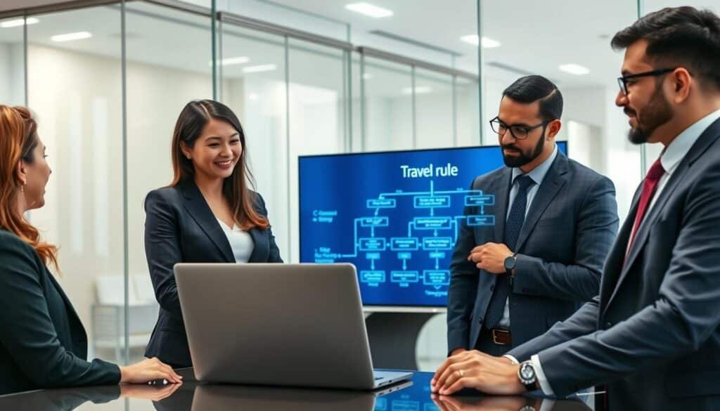 a professional business setting that illustrates the concept of travel rule compliance in cryptocurrency. In the foreground, a diverse group of three business professionals (one woman and two men) dressed in smart business attire are engaged in a discussion around a laptop displaying complex cryptocurrency data. In the middle, a large digital screen shows a flowchart representing compliance processes and regulations, illuminated in soft blue lighting. The background features a modern office environment with glass walls, reflecting a sense of transparency and clarity. The atmosphere is focused and collaborative, conveying a serious yet optimistic approach to understanding compliance in practice. The lighting is bright and even, enhancing the professional mood. a professional business setting that illustrates the concept of travel rule compliance in cryptocurrency. In the foreground, a diverse group of three business professionals (one woman and two men) dressed in smart business attire are engaged in a discussion around a laptop displaying complex cryptocurrency data. In the middle, a large digital screen shows a flowchart representing compliance processes and regulations, illuminated in soft blue lighting. The background features a modern office environment with glass walls, reflecting a sense of transparency and clarity. The atmosphere is focused and collaborative, conveying a serious yet optimistic approach to understanding compliance in practice. The lighting is bright and even, enhancing the professional mood.