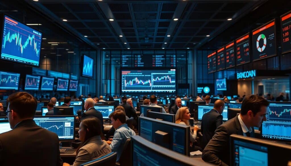 A bustling cryptocurrency exchange trading floor, depicted in the foreground with diverse professionals in business attire analyzing data on sleek monitors. In the middle ground, dynamic screens display real-time crypto charts with fluctuating market graphs and candlestick patterns, symbolizing liquidity and rapid transactions. The background features a modern, high-tech environment with glass walls and vibrant LED screens, casting a cool blue tone that enhances the energetic atmosphere. Soft lighting illuminates the scene, providing a futuristic ambiance while highlighting the intensity of market activity. The perspective should be slightly elevated, offering a panoramic view that captures the hive of activity in this digital marketplace. Overall, the image conveys a sense of innovation, urgency, and the complexities of cryptocurrency liquidity.