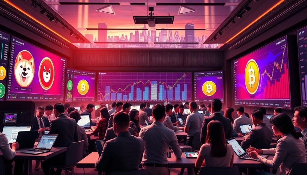 A bustling cryptocurrency market scene set in a stylized modern trading room, showcasing various digital currencies like Dogecoin, Shiba Inu, and Pepe in vivid colors on large LED screens. In the foreground, a diverse group of business professionals in smart casual attire engage in animated discussions, analyzing data on laptops and tablets. The middle ground features oversized charts depicting fluctuating market trends, with upward and downward arrows, creating a dynamic atmosphere. The background showcases an abstract skyline of a futuristic city, symbolizing innovation and progress in the crypto space. Soft, ambient lighting casts a hopeful glow, while sharp contrasts highlight the intensity of market activity, evoking a sense of excitement and opportunity as the market evolves heading into 2026.