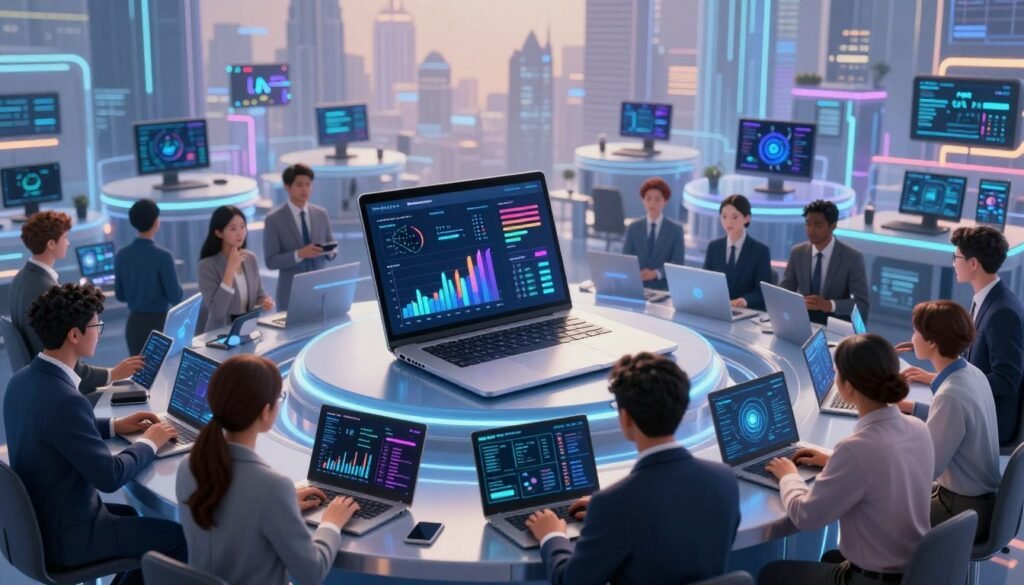 A bustling digital marketplace symbolizing demand for decentralized computing services. In the foreground, a diverse group of professionals in business attire, engaged in discussions while analyzing data on sleek digital devices. The middle layer features an open laptop displaying intricate graphs and analytics, with vibrant colors reflecting the energy of innovation. The background showcases a futuristic city skyline with various connected devices, highlighting the technological ecosystem of the Akash Network. Soft, ethereal lighting casts a hopeful and dynamic ambiance, emphasizing collaboration and forward-thinking. The camera angle is slightly elevated, providing a panoramic view that encapsulates the thriving atmosphere of this decentralized AI community.