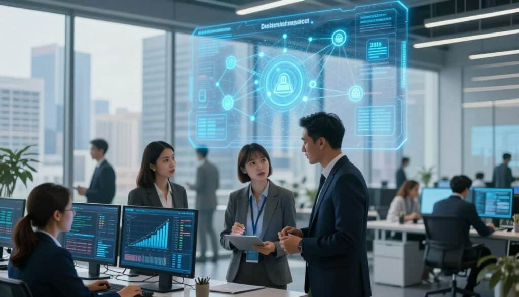 A bustling futuristic office environment showcasing diverse professionals engaged in discussions about blockchain market demand. In the foreground, a group of three individuals in smart business attire analyze data on digital screens, emphasizing collaboration and innovation. The middle ground features a large, holographic blockchain network diagram glowing blue, with animated nodes symbolizing growing demand and connections in the market. In the background, large floor-to-ceiling windows reveal a skyline of modern skyscrapers, suggesting emerging technology landscapes. The lighting is bright and professional, with a cool tone that symbolizes a high-tech atmosphere. The overall mood conveys excitement and opportunity in the rapidly evolving blockchain industry, highlighting the competitive nature of careers in 2026.