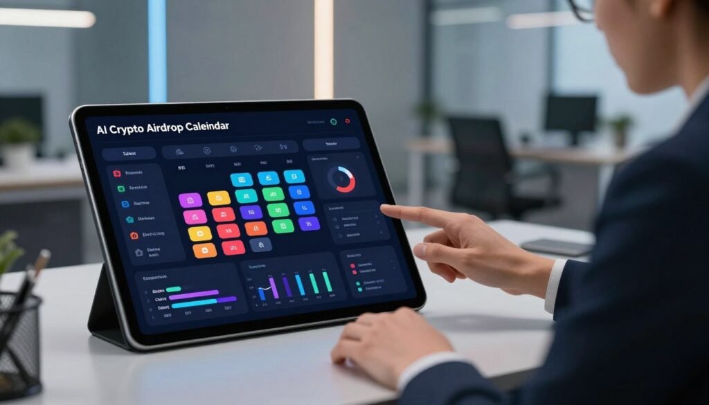 A clean, modern digital tableau depicting a vibrant AI Crypto Airdrop Calendar on a sleek tablet interface. The foreground features a well-organized dashboard displaying colorful status indicators for various airdrops, each with icons symbolizing different tasks and timelines. User-friendly graphs and progress bars provide a clear visual representation of airdrop timelines. In the middle ground, a professional individual in business attire sits at a stylish desk, intently analyzing the airdrop data displayed on the tablet. The background softly fades into a futuristic office setting with subtle tech-themed decor and ambient lighting that evinces a feeling of innovation and opportunity. Soft, diffused lighting enhances the modernity of the workspace, creating an inviting atmosphere of focus and professionalism.
