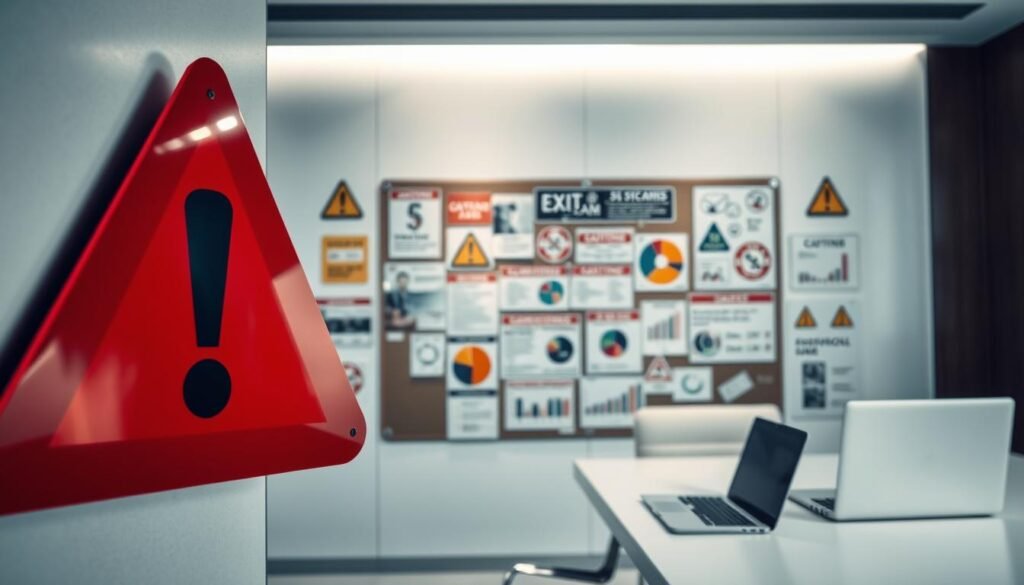 A close-up of various 'exit scam warning signs' displayed on a wall in a sleek, modern office setting. In the foreground, a prominent red warning sign shaped like an exclamation mark, with symbols like a closed door and a dollar sign next to it. In the middle, a bulletin board cluttered with cautionary notices, pie charts and graphs indicating suspicious financial behavior, illuminated by soft, overhead LED lighting that casts gentle shadows, creating a serious atmosphere. The background features an elegant desk with a laptop and financial documents, subtly hinting at a professional setting. The angle is slightly tilted, emphasizing urgency and alertness, inviting viewers to consider the significance of these warning signs in the context of exit scams. A close-up of various 'exit scam warning signs' displayed on a wall in a sleek, modern office setting. In the foreground, a prominent red warning sign shaped like an exclamation mark, with symbols like a closed door and a dollar sign next to it. In the middle, a bulletin board cluttered with cautionary notices, pie charts and graphs indicating suspicious financial behavior, illuminated by soft, overhead LED lighting that casts gentle shadows, creating a serious atmosphere. The background features an elegant desk with a laptop and financial documents, subtly hinting at a professional setting. The angle is slightly tilted, emphasizing urgency and alertness, inviting viewers to consider the significance of these warning signs in the context of exit scams.