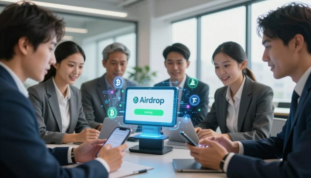 A close-up scene featuring a diverse group of professionals in business attire gathered around a sleek, modern digital device displaying an Airdrop notification. In the foreground, friends and colleagues discuss their strategies, examining their phones and laptops, showcasing excitement and focus. The middle layer features a vibrant holographic representation of cryptocurrencies and AI elements enveloping the device, symbolizing the Airdrop process. The background includes a bright, open office space with large windows, letting in soft natural light that creates an inspiring and optimistic atmosphere. The angle should be slightly elevated, capturing the collaborative spirit. Aim for a polished and tech-savvy look, with a color palette of blues and greens conveying innovation and trust.