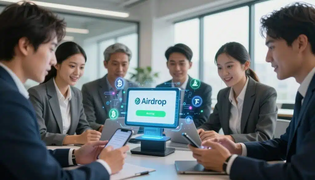 A close-up scene featuring a diverse group of professionals in business attire gathered around a sleek, modern digital device displaying an Airdrop notification. In the foreground, friends and colleagues discuss their strategies, examining their phones and laptops, showcasing excitement and focus. The middle layer features a vibrant holographic representation of cryptocurrencies and AI elements enveloping the device, symbolizing the Airdrop process. The background includes a bright, open office space with large windows, letting in soft natural light that creates an inspiring and optimistic atmosphere. The angle should be slightly elevated, capturing the collaborative spirit. Aim for a polished and tech-savvy look, with a color palette of blues and greens conveying innovation and trust. A close-up scene featuring a diverse group of professionals in business attire gathered around a sleek, modern digital device displaying an Airdrop notification. In the foreground, friends and colleagues discuss their strategies, examining their phones and laptops, showcasing excitement and focus. The middle layer features a vibrant holographic representation of cryptocurrencies and AI elements enveloping the device, symbolizing the Airdrop process. The background includes a bright, open office space with large windows, letting in soft natural light that creates an inspiring and optimistic atmosphere. The angle should be slightly elevated, capturing the collaborative spirit. Aim for a polished and tech-savvy look, with a color palette of blues and greens conveying innovation and trust.